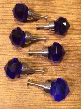 Small 1 1/2"wide Dark Blue Solid Crystal Glass Drawer Pulls Set of Six (6) HO35D